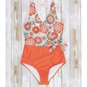 Marie Nicole Orange Floral One Piece Swimsuit Bathing Suit Tie Waist Accent XL